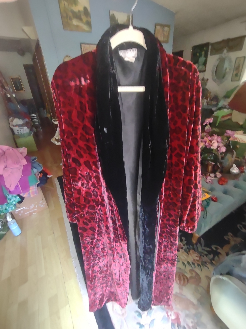 Natori Red Leopard-Print Velvet Long Coat with Black Velvet Trim